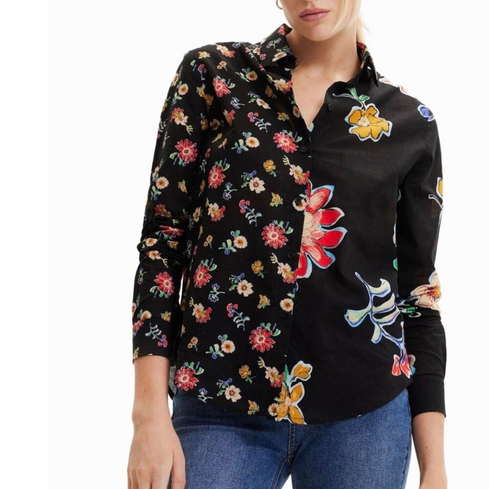 Desigual FLORAL HALF-AND-HALF SHIRT Graphic Long Sleeve Button Up L